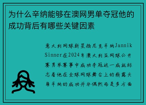 为什么辛纳能够在澳网男单夺冠他的成功背后有哪些关键因素