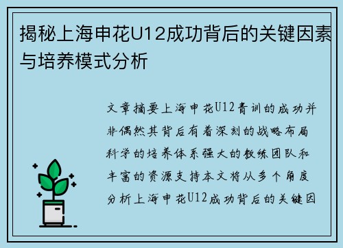 揭秘上海申花U12成功背后的关键因素与培养模式分析